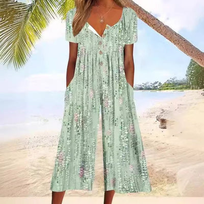 Leonie | Damen Kurzarm-Culotte-Jumpsuit mit Knopfleiste aus Baumwolle