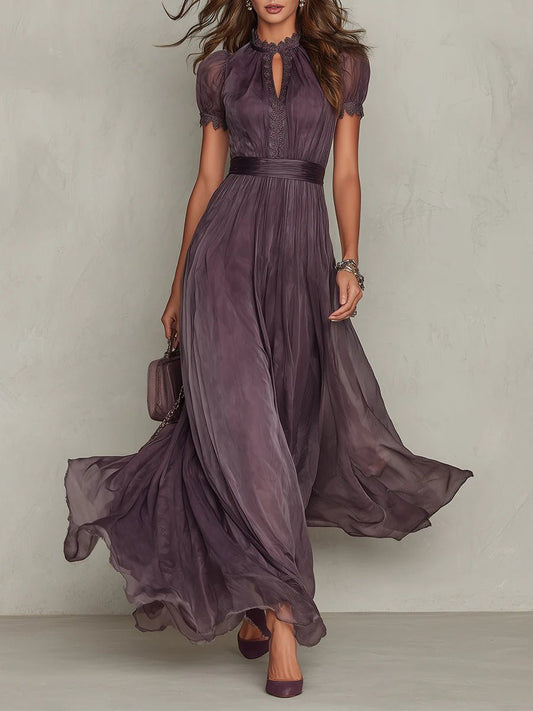 Clara | Damen Kurzarm Keyhole Maxi-Kleid mit fließendem Chiffon-Rock