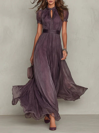 Clara | Damen Kurzarm Keyhole Maxi-Kleid mit fließendem Chiffon-Rock