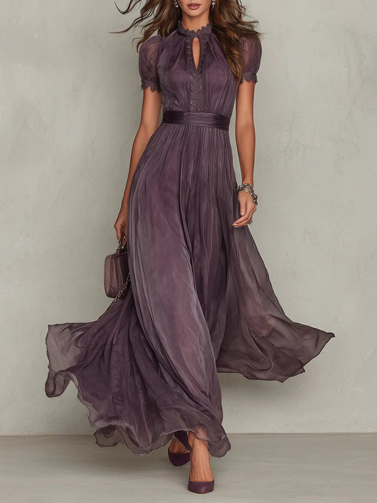 Clara | Damen Kurzarm Keyhole Maxi-Kleid mit fließendem Chiffon-Rock