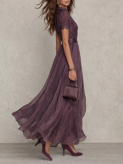 Clara | Damen Kurzarm Keyhole Maxi-Kleid mit fließendem Chiffon-Rock