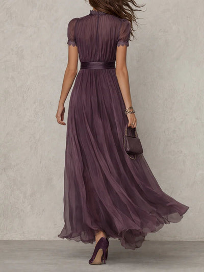 Clara | Damen Kurzarm Keyhole Maxi-Kleid mit fließendem Chiffon-Rock