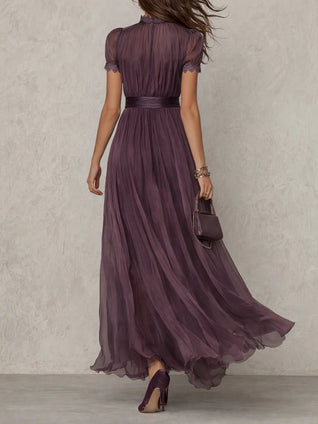 Clara | Damen Kurzarm Keyhole Maxi-Kleid mit fließendem Chiffon-Rock