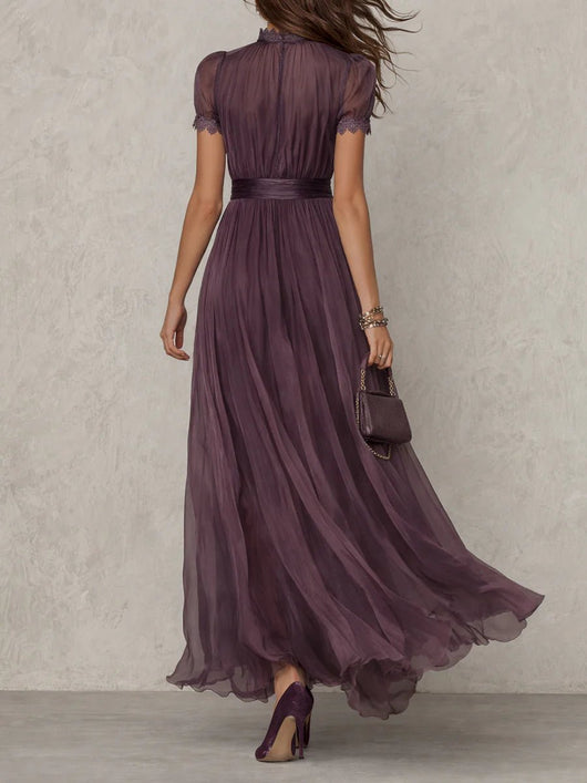Clara | Damen Kurzarm Keyhole Maxi-Kleid mit fließendem Chiffon-Rock