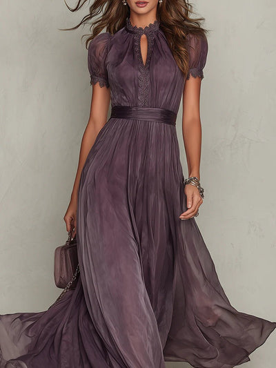 Clara | Damen Kurzarm Keyhole Maxi-Kleid mit fließendem Chiffon-Rock