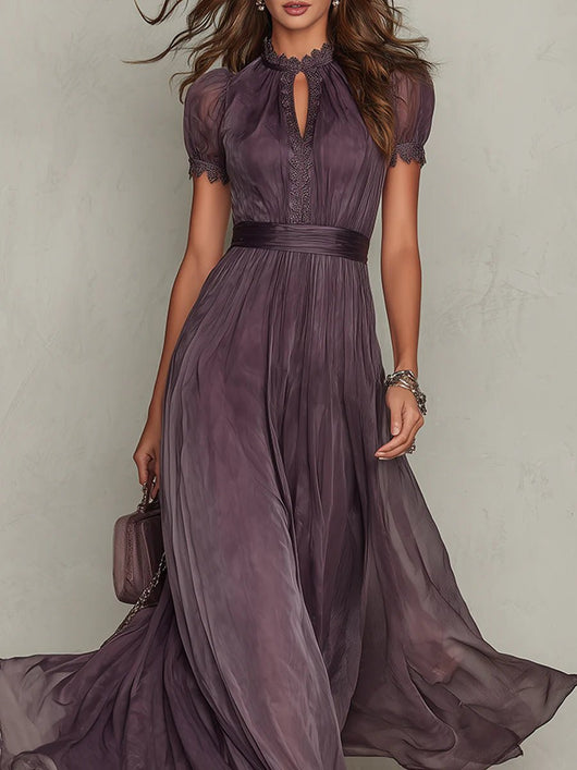 Clara | Damen Kurzarm Keyhole Maxi-Kleid mit fließendem Chiffon-Rock