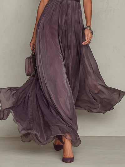 Clara | Damen Kurzarm Keyhole Maxi-Kleid mit fließendem Chiffon-Rock