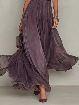 Clara | Damen Kurzarm Keyhole Maxi-Kleid mit fließendem Chiffon-Rock