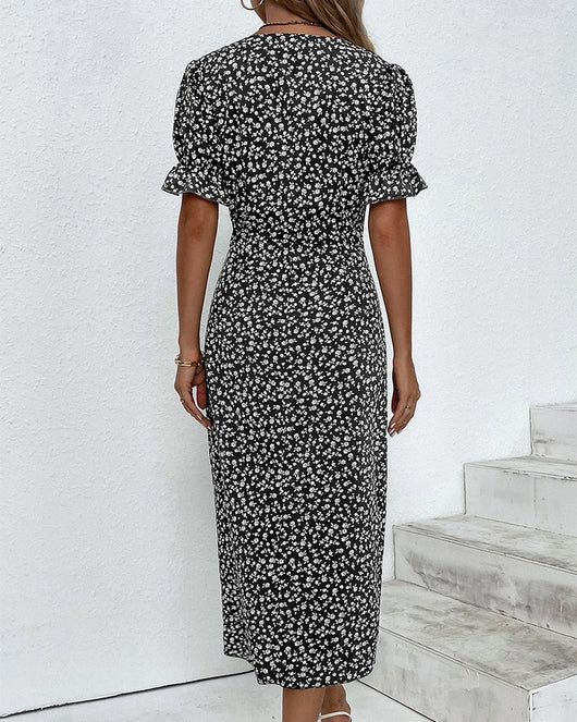 Sophie | Damen Kurzarm Midi Wickelkleid mit V-Ausschnitt und Knöpfen