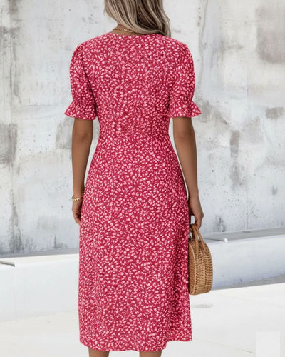 Sophie | Damen Kurzarm Midi Wickelkleid mit V-Ausschnitt und Knöpfen