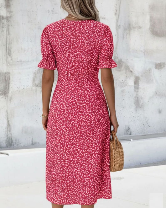 Sophie | Damen Kurzarm Midi Wickelkleid mit V-Ausschnitt und Knöpfen