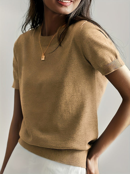 Nora | Damen Kurzarm Rundhals Knit Sweater Top Lockere Passform