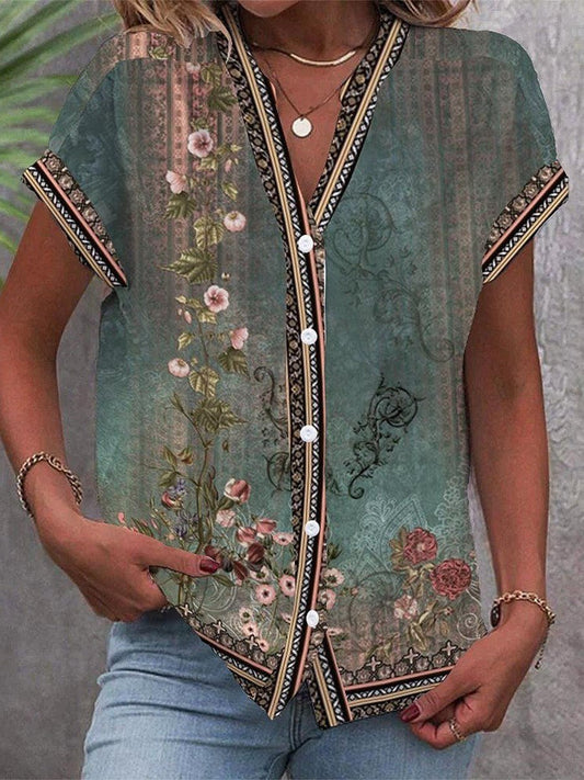 Johanna | Damen Kurzarm V-Ausschnitt Bluse mit Aquarell-Blumenmuster