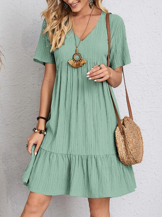 Charlotte | Damen Kurzarm V-Ausschnitt Gerafftes Babydoll Sommerkleid