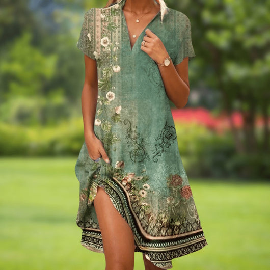 Marie | Damen Kurzarm V-Ausschnitt Sommerkleid Ornamentmuster Boho