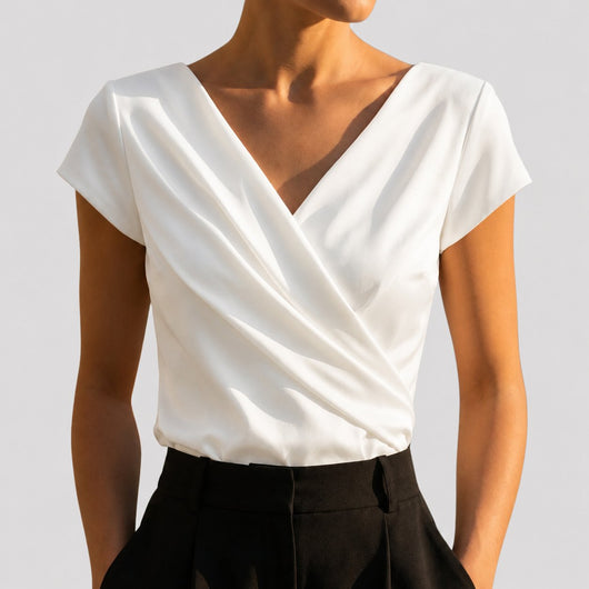 Nora | Damen Kurzarm-Wickelbluse mit Drapierung und V-Ausschnitt