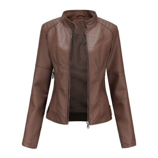 Katharina | Damen Kurze Taillierte Kunstleder Bikerjacke mit Reißverschluss