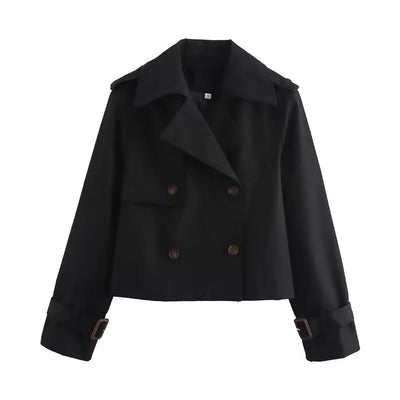 Charlotte | Damen Kurzer Doppelreihiger Trench Coat mit Schnallenärmeln