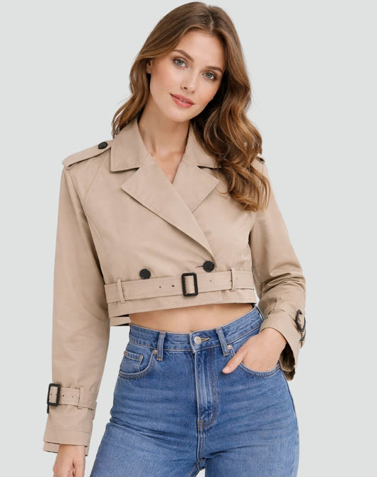 Amelie | Damen Kurzer Taillierter Trench Coat Doppelreihig Gürteljacke