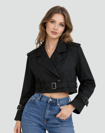 Amelie | Damen Kurzer Taillierter Trench Coat Doppelreihig Gürteljacke