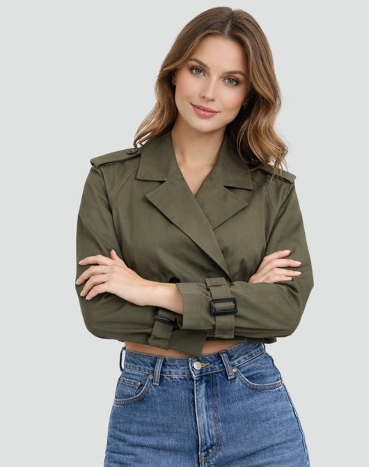 Amelie | Damen Kurzer Taillierter Trench Coat Doppelreihig Gürteljacke