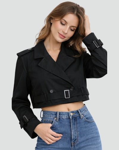 Amelie | Damen Kurzer Taillierter Trench Coat Doppelreihig Gürteljacke