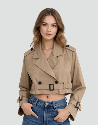 Amelie | Damen Kurzer Taillierter Trench Coat Doppelreihig Gürteljacke