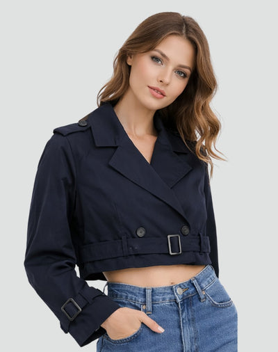 Amelie | Damen Kurzer Taillierter Trench Coat Doppelreihig Gürteljacke