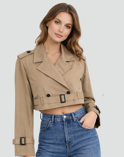 Amelie | Damen Kurzer Taillierter Trench Coat Doppelreihig Gürteljacke