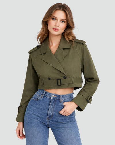 Amelie | Damen Kurzer Taillierter Trench Coat Doppelreihig Gürteljacke