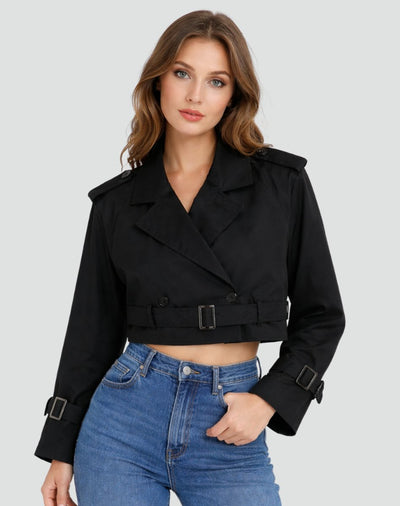 Amelie | Damen Kurzer Taillierter Trench Coat Doppelreihig Gürteljacke