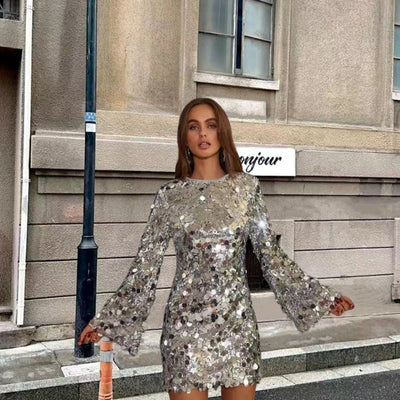 Nora | Damen Kurzes Pailletten Cocktailkleid mit Trompetenärmeln