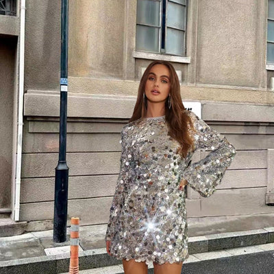 Nora | Damen Kurzes Pailletten Cocktailkleid mit Trompetenärmeln