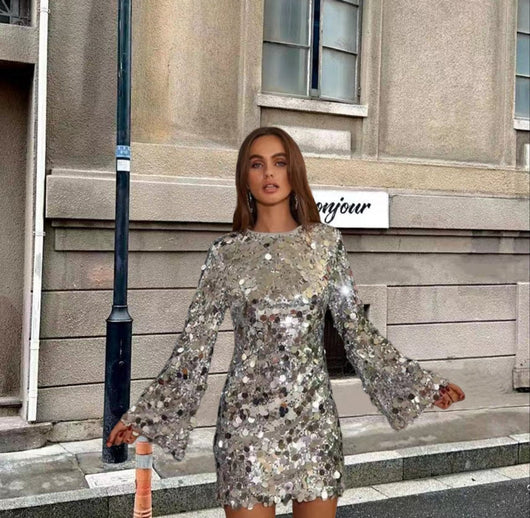 Nora | Damen Kurzes Pailletten Cocktailkleid mit Trompetenärmeln