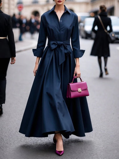 Annika | Damen Langarm Bindegürtel Maxi Hemdblusenkleid