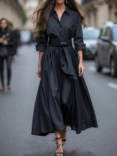 Annika | Damen Langarm Bindegürtel Maxi Hemdblusenkleid