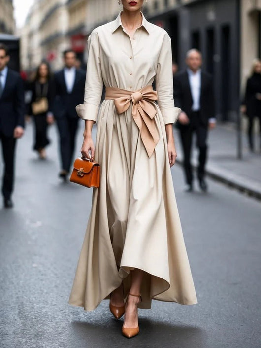 Annika | Damen Langarm Bindegürtel Maxi Hemdblusenkleid