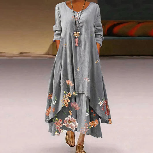 Katharina | Damen Langarm Blumenprint Loose-Fit Maxi-Kleid