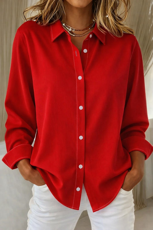 Katharina | Damen Langarm-Bluse eleganter Knopfleisten-Hemdkragen lockere Passform