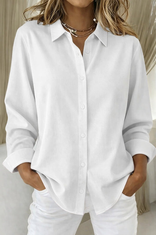 Katharina | Damen Langarm-Bluse eleganter Knopfleisten-Hemdkragen lockere Passform