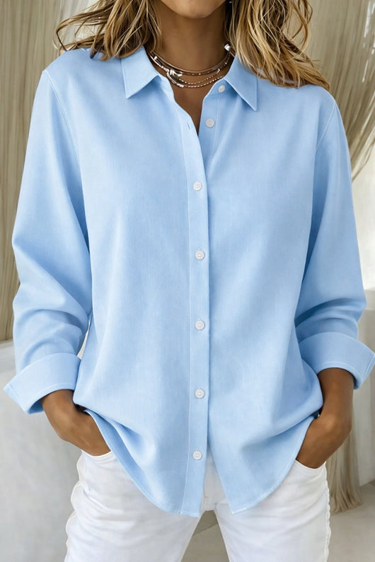 Katharina | Damen Langarm-Bluse eleganter Knopfleisten-Hemdkragen lockere Passform