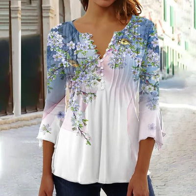 Charlotte | Damen Langarm Bluse Geblümtes Henley-Shirt Relaxed Fit