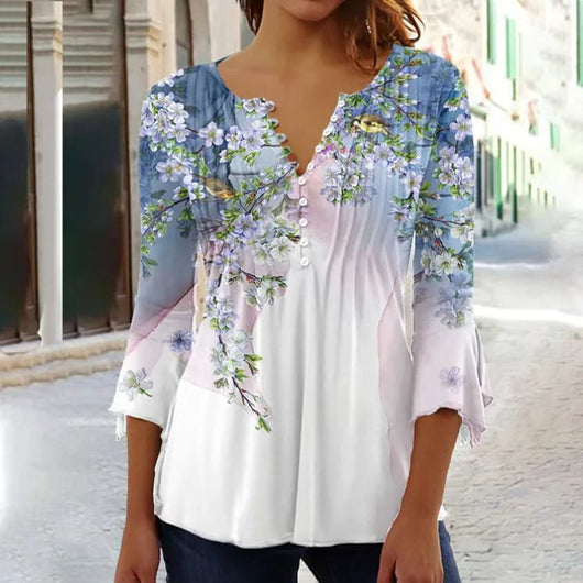 Charlotte | Damen Langarm Bluse Geblümtes Henley-Shirt Relaxed Fit