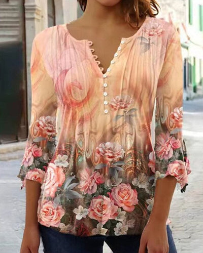 Charlotte | Damen Langarm Bluse Geblümtes Henley-Shirt Relaxed Fit