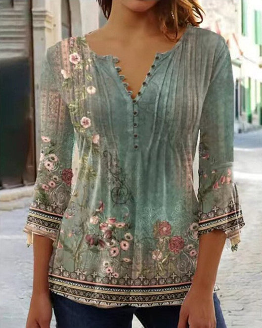 Charlotte | Damen Langarm Bluse Geblümtes Henley-Shirt Relaxed Fit