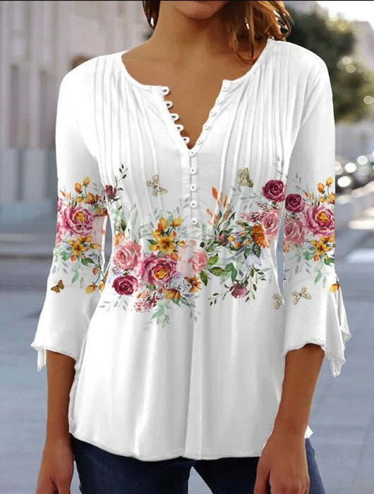 Charlotte | Damen Langarm Bluse Geblümtes Henley-Shirt Relaxed Fit