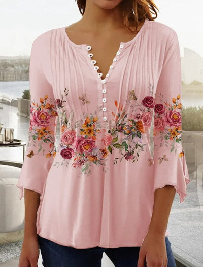 Charlotte | Damen Langarm Bluse Geblümtes Henley-Shirt Relaxed Fit