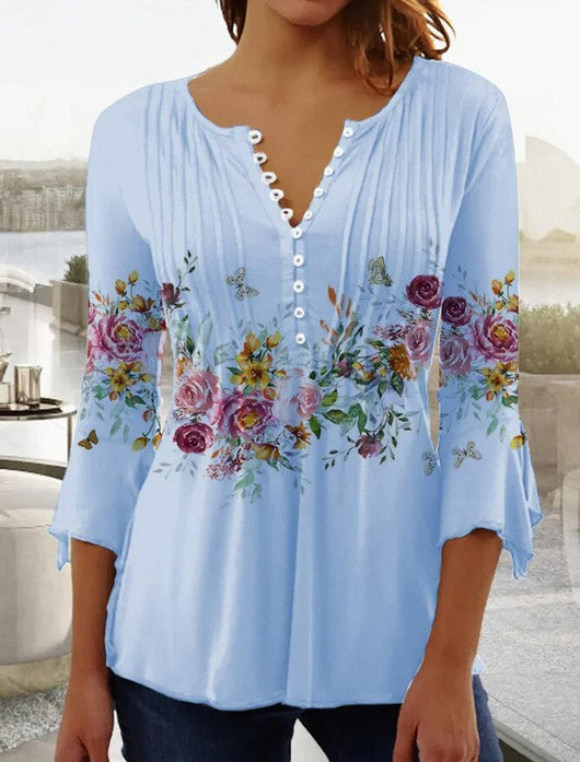 Charlotte | Damen Langarm Bluse Geblümtes Henley-Shirt Relaxed Fit