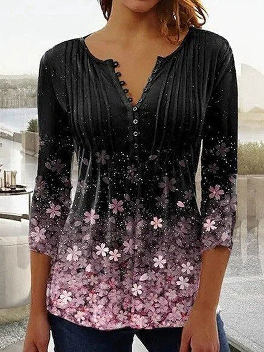Charlotte | Damen Langarm Bluse Geblümtes Henley-Shirt Relaxed Fit