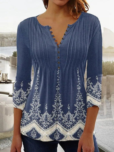 Charlotte | Damen Langarm Bluse Geblümtes Henley-Shirt Relaxed Fit